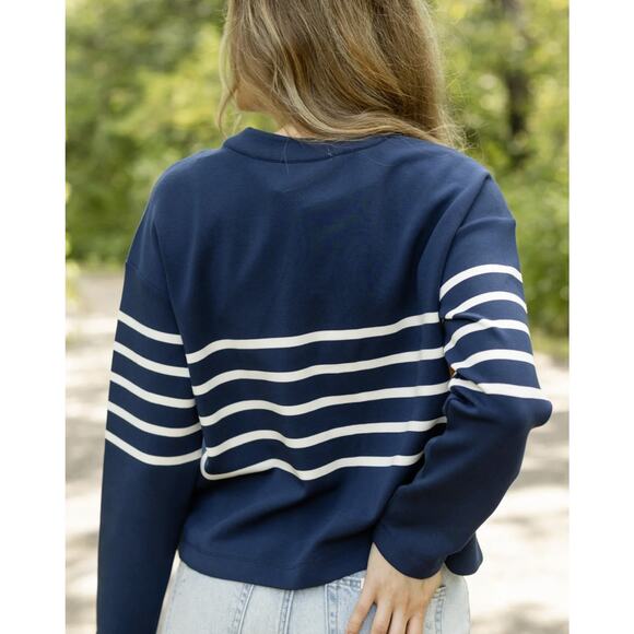 NWT Spanx Air Essentials Striped Cardigan Sweater Navy and White - Picture 2 of 11